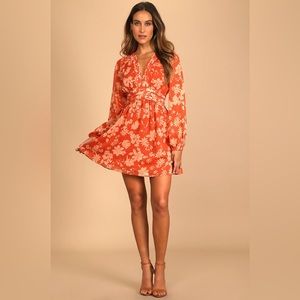 NWT Lulu’s Gleaming Garden Rust Orange Floral Print Long Sleeve Mini Dress